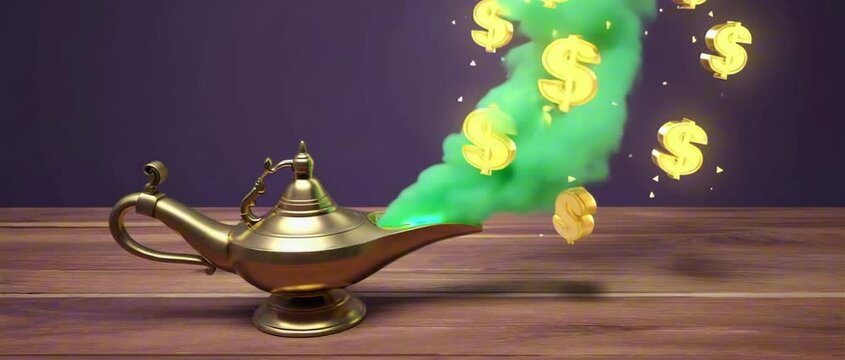 2:35:1 A glowing green smoke cloud emerging from a magic lamp with floating $ signs, animated swirl loop