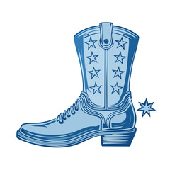 A single blue cowboy boot with stars and spur on a black background; vector illustration.