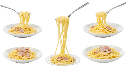 A close-up of spaghetti being twirled on a fork, served on white plates, with a cozy kitchen background setting