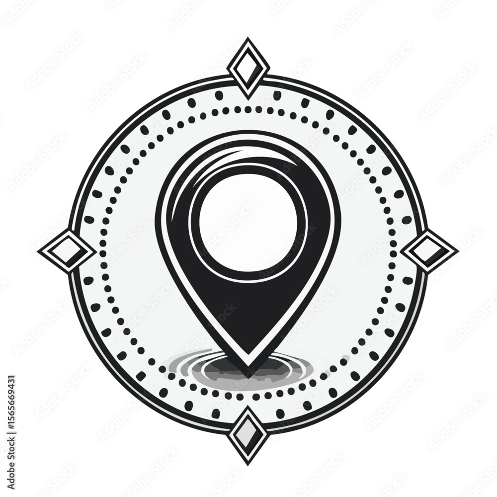 Poster navigation location marker icon, compass rose with pointer graphic in black and white
