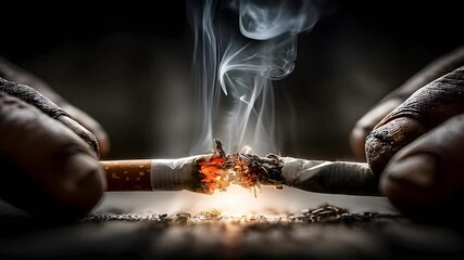Person extinguishing a burning cigarette with smoke rising in a close-up shot