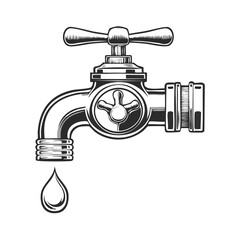 Vintage style water tap with a falling drop icon illustration, plumbing fixture illustration vector on a black background