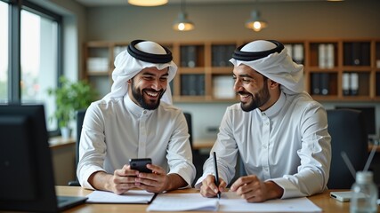 Three colleagues discussing work using a laptop and tablet in a modern office Muslim business. Authentic Arabian style.
