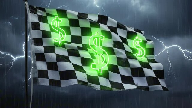 A checkered racing flag with green dollar signs waving in the stormy wind, rain and lightning in the background