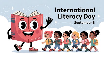Happy cartoon book leads diverse children celebrating international literacy day on september 8