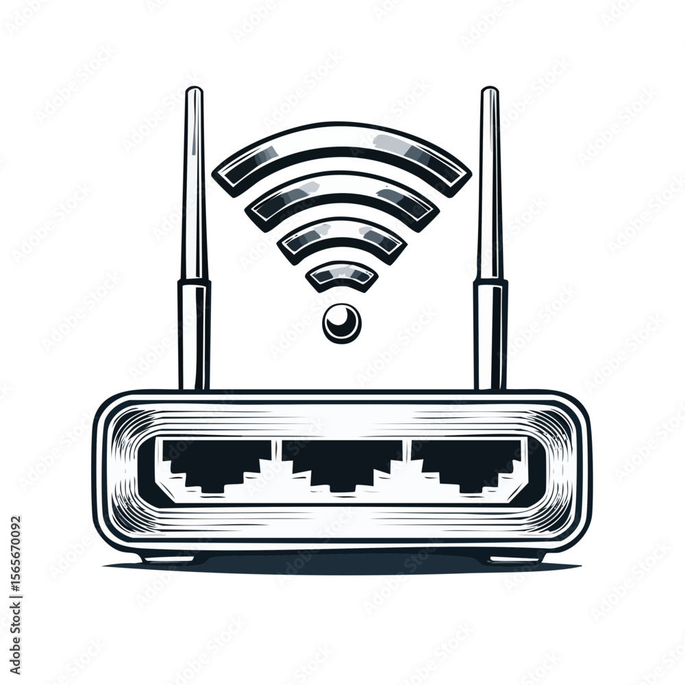 Poster stylized router illustration showing network connectivity wireless technology at home and office con