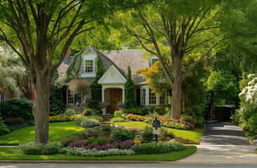 Fototapeta premium Photo of an elegant home with a vintage-style, beige exterior with white trim and red brick accents, 