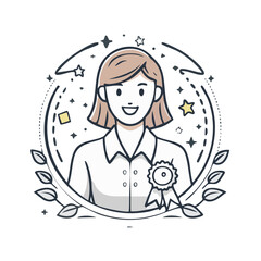 Smiling woman with rosette award in laurel wreath graphic illustration for business success recognition and achievement celebration concepts