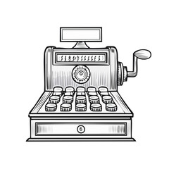 Vintage Cash Register Illustration with Handle and Buttons for Retail Transactions in Hand Drawn Style on a Black Background