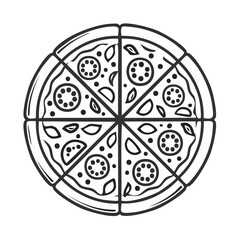 Pizza pie illustration with slices, tomatoes, basil, and mozzarella in a clean, outline style.