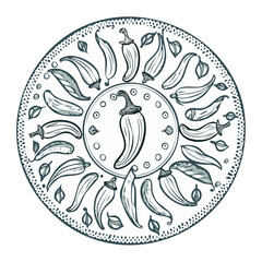 Circular Pattern with Pepper and Leaves, Hand Drawn Design, Vegetarian Ingredient