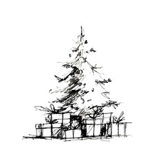 Fototapeta premium Christmas Tree Line Icon, Hand-Drawn Sketch, Transparent Background