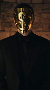 vertical 9:16 A figure wears a golden mask with a $ sign, surrounded by flickering candles, moody shadows