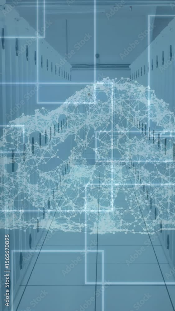Poster animation of digital cloud with squares over tech room with computer servers