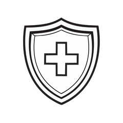 Obraz premium Medical protection emblem. First aid shield badge graphic icon for health care system symbol and secure healthcare antivirus or pharmacy treatment concept illustration.