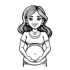 Cartoon illustration of a smiling pregnant woman touching her belly in a loving way in black and white isolated on black background