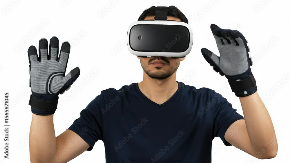 Poster man in his 20s immersed in virtual reality using vr headset and haptic feedback gloves for interacti