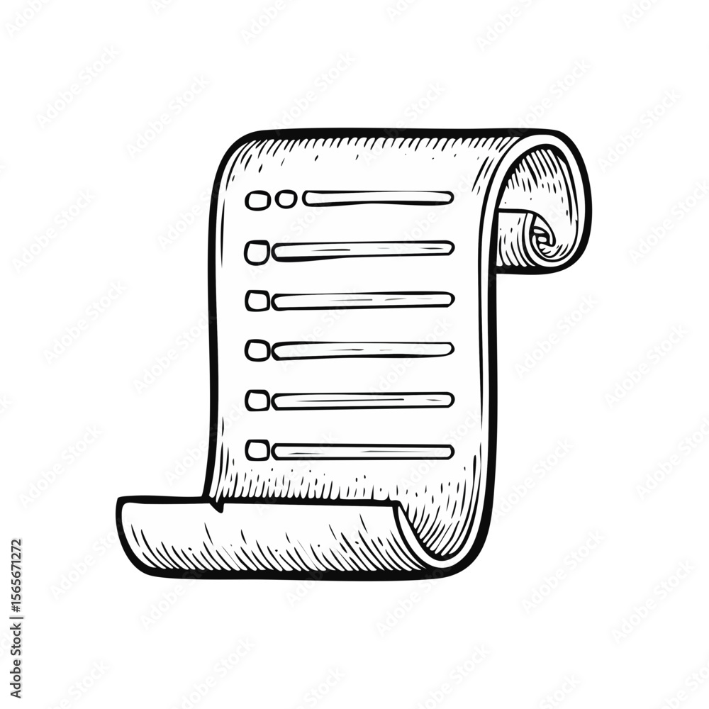 Poster hand drawn to do list on scroll with checkboxes and text lines isolated on black background