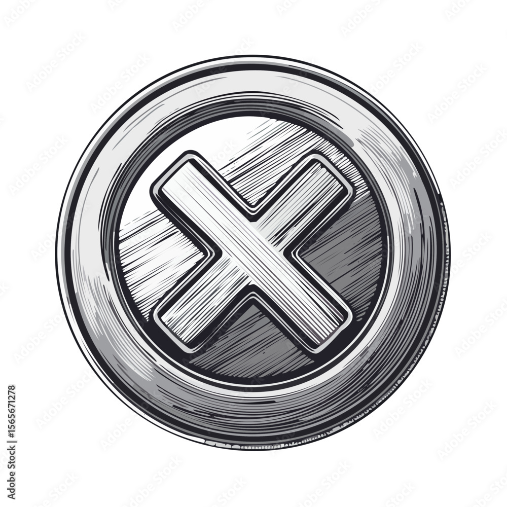 Poster hand drawn cross button metallic silver reject icon with textured hatching on black background rejec
