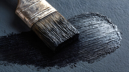 Close-up of a paintbrush applying thick, dark black paint onto a textured surface, creating a bold stroke.