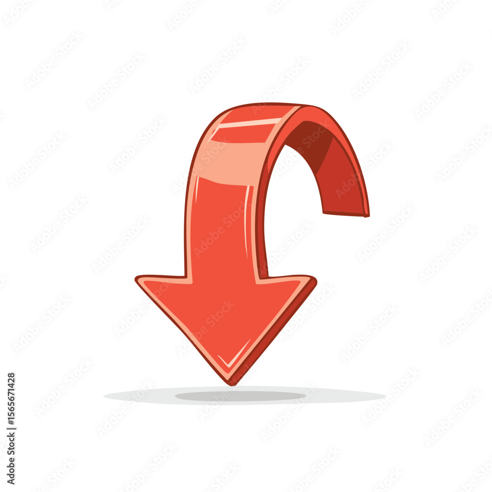 Poster cartoon red arrow pointing downward, graphical element with curved shape and a dropped shadow