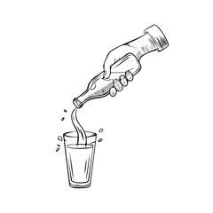 Hand pouring beverage from bottle into glass in a line art style on a black background.