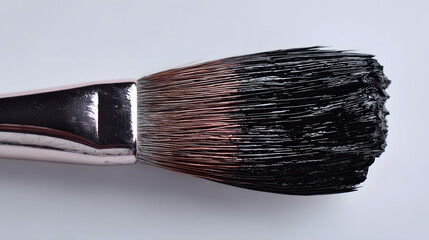 Close-up of a makeup brush with black pigment on the bristles.