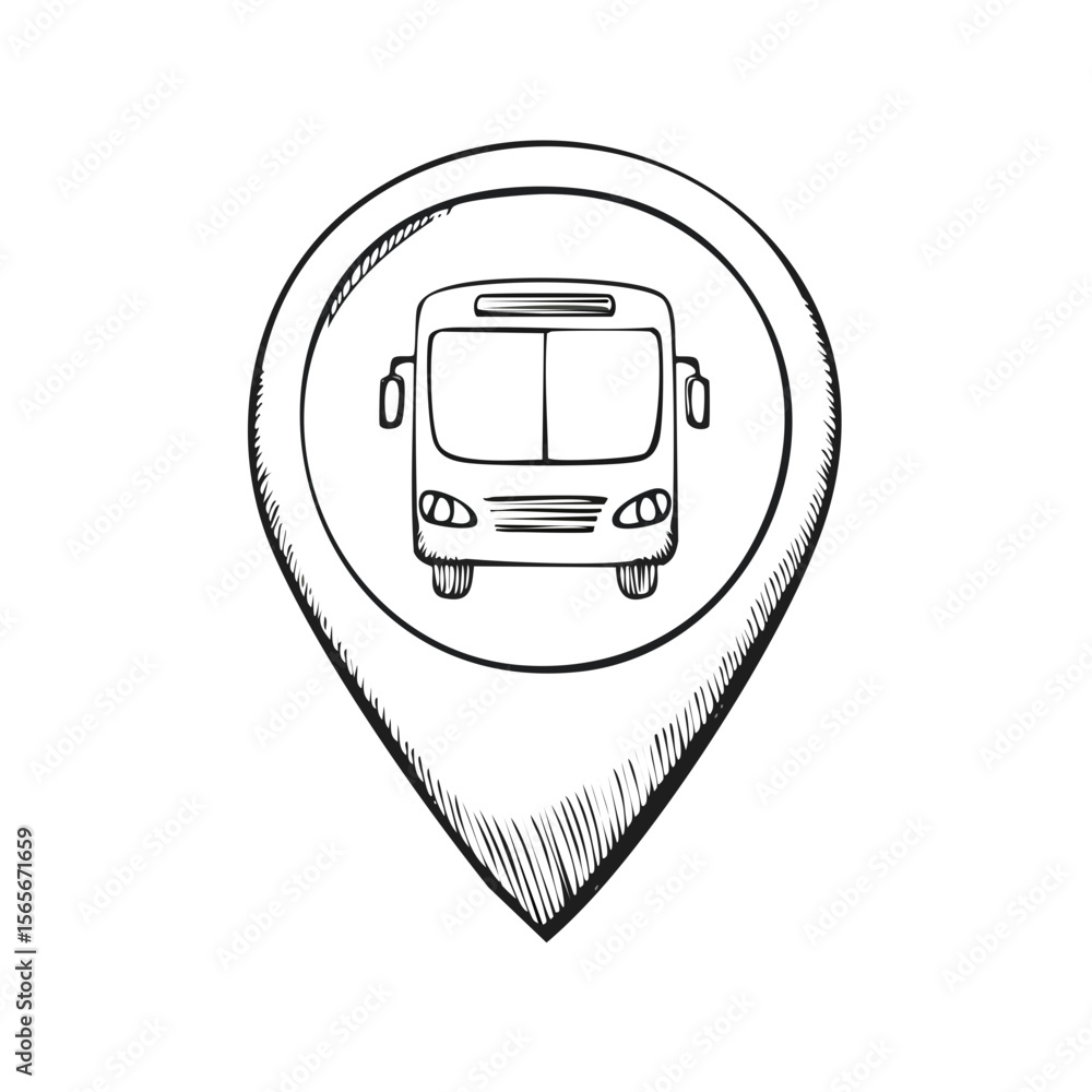 Poster sketch style bus icon on map pointer for public transport location