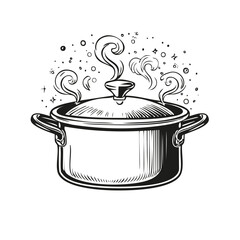 Illustration of a Cooking Pot with Steam rising up. Engraved Kitchenware Vector Art. Retro food concept with bubbles surrounding it.