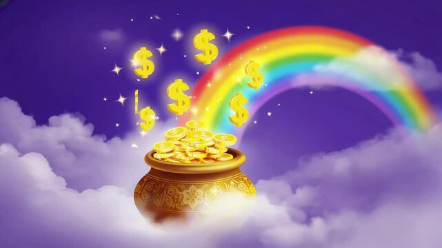 A vivid rainbow arcs into a pot overflowing with gold coins and floating $ signs, magical dust sparkles, cheerful symbolic loop