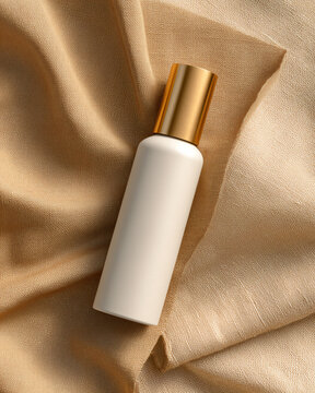 Mock up, white squeeze bottle with gold cap on kraft paper and linen surface, elegant minimalist style