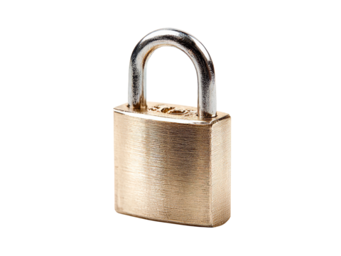 Brass padlock security safety privacy protection closed locked, Isolated On Transparent Background, Png