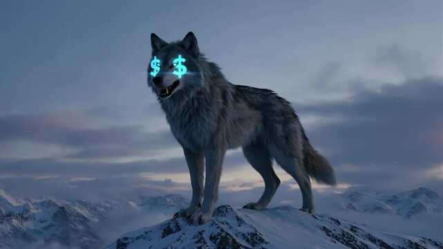A shadowy wolf with icy blue $ signs for eyes stands on a mountain peak