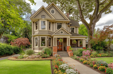 Photo of an elegant home with a vintage-style, beige exterior with white trim and red brick accents, 