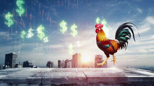 A proud rooster stands against a glowing stock ticker downtown city skyline with rising sun behind, $ symbols flare in sky, rise and grind loop