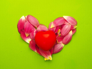 Heart made of pink tulips petals and red heart on rich green color background. Love and passion...