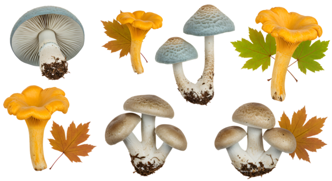 A vibrant collection of various mushrooms including chanterelles and caps, surrounded by colorful autumn leaves in a natural setting