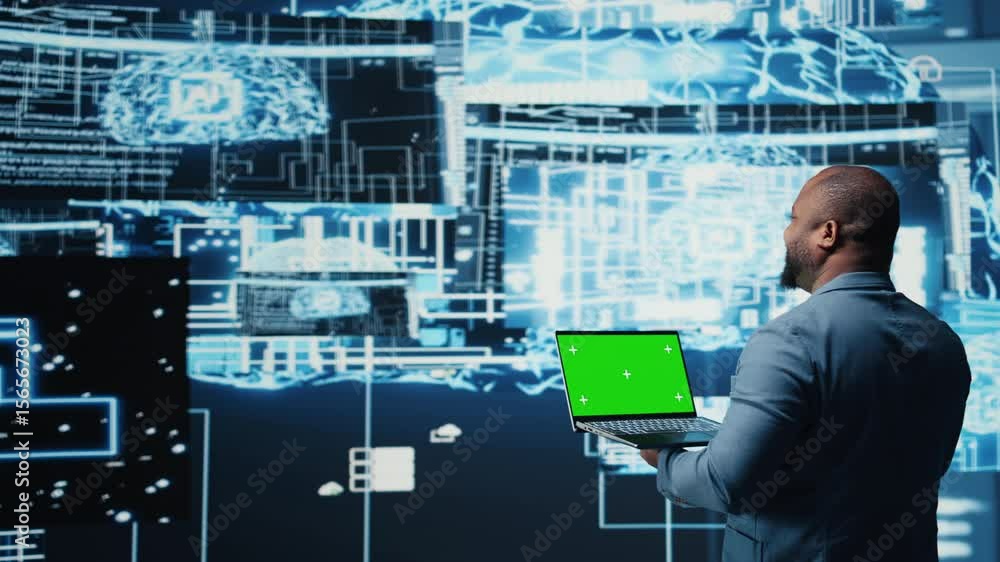 Poster black high tech engineer holding phone with isolated mockup screen, reviewing predictive analytics a