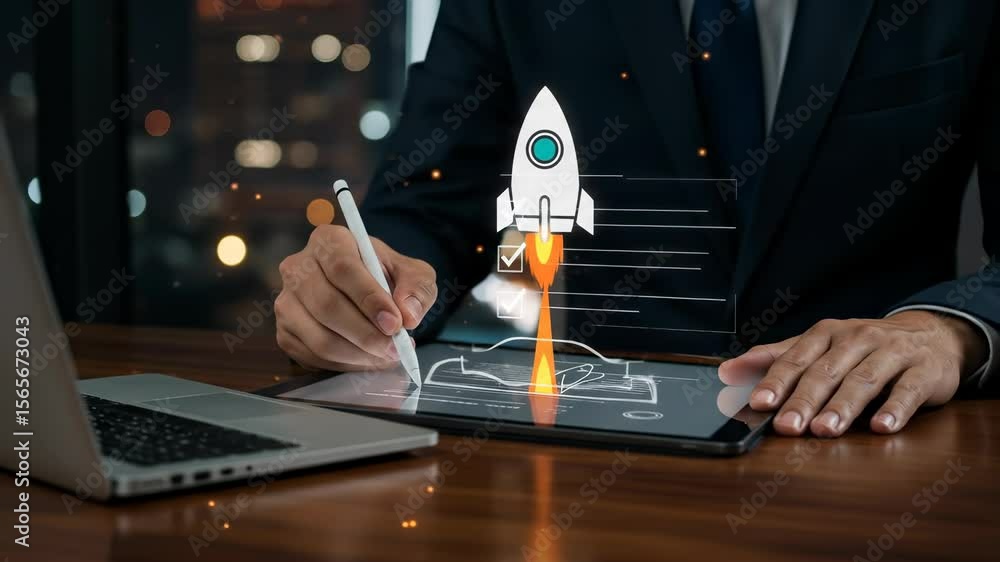 Poster digital launchpad: professional uses tablet for checklist before startup rocket success
