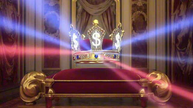 A golden crown floats and spins, each point tipped with a glowing $ symbol, laser lights sparkle across it in a dark throne room loop