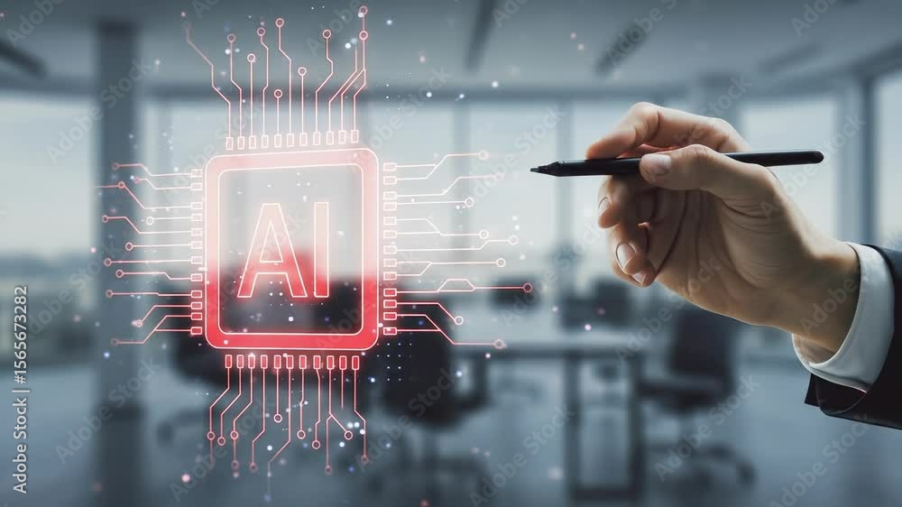 Poster ai integration: businessman pointing to red ai chip circuit hologram in a modern office environment 