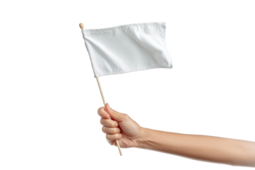 PNG Caucasian hand holding white flag on stick against black background