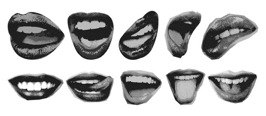 lips halftone set in various expressions black and white. Ideal for pop art, fashion, and modern graphic design projects.