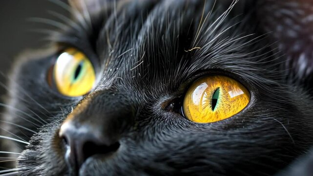 Mystical Gaze: A captivating portrait of a black cat, its striking yellow eyes reflecting a world of mystery and grace, inviting viewers to peer into the depths of its enigmatic soul.