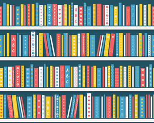 Bookshelves with Books. Seamless Sample. Fragment of the Library Interior or Bookstore. Children's books on the Shelves. Vector illustration in Blue, Yellow, Red, White