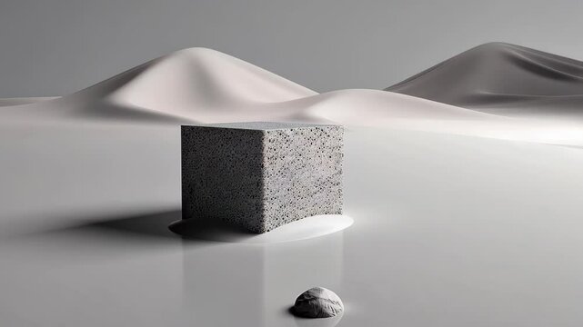 Abstract Cube and Landscape: A solitary, textured cube casts a shadow upon a smooth, reflective surface, set against a serene backdrop of blurred, abstract hills.