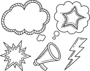 Hand-drawn Speech Bubbles, Stars, and Megaphone Illustrations