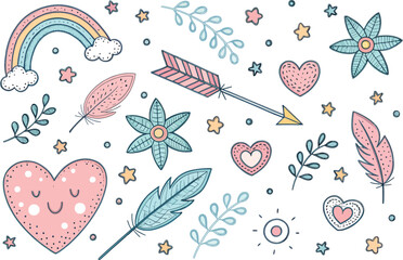 Cute Pastel Rainbow, Hearts, Flowers, and Feathers Illustration