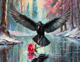 painting-acrylic-oil-colorful-crow-raven-flying-landing-frozen-lake-reflected-rose