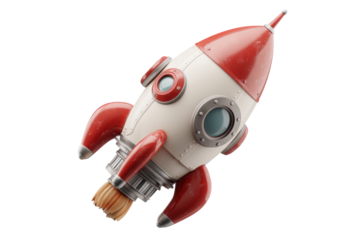 PNG Retro red and white space rocket with portholes and thrusters